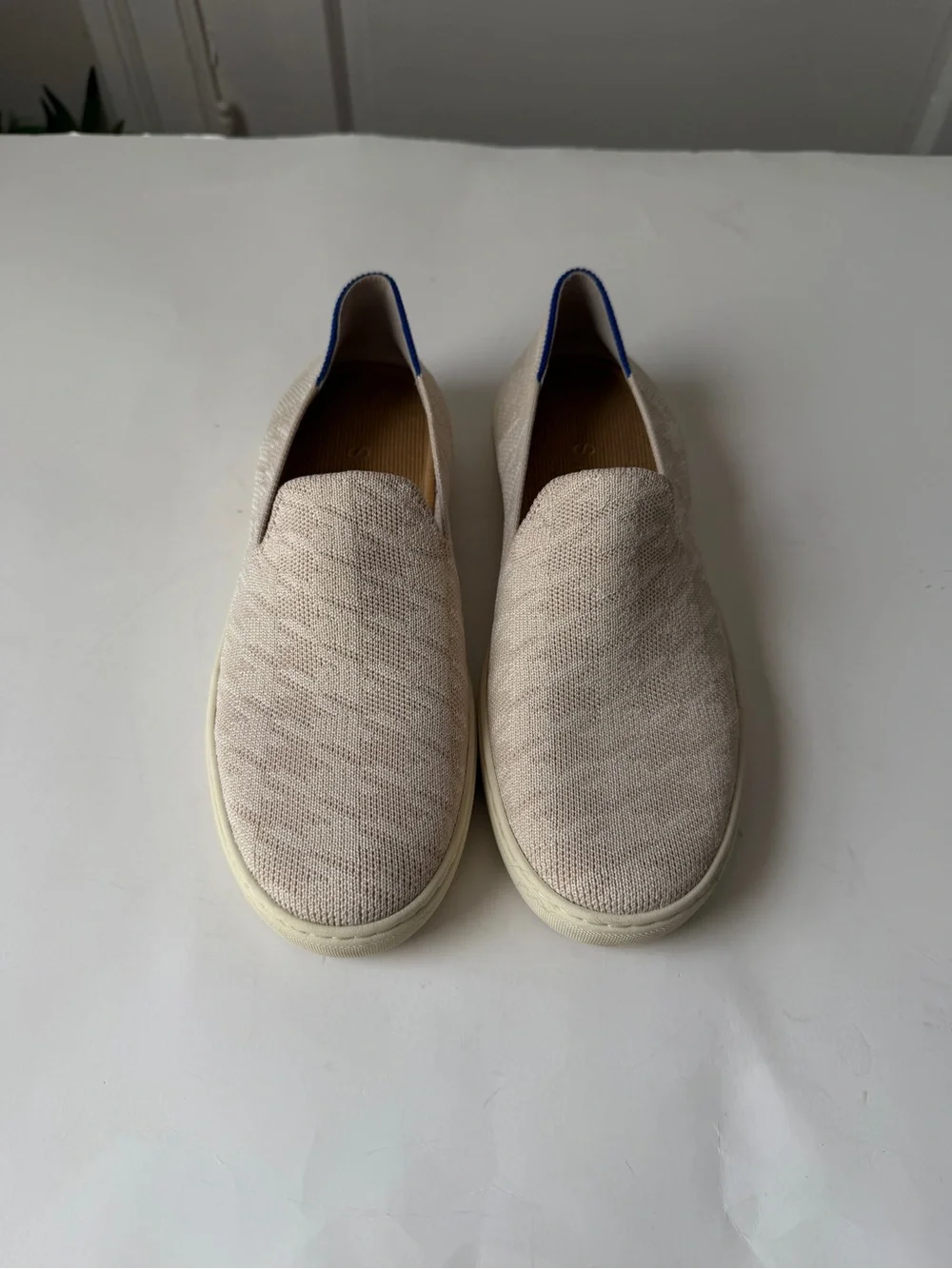 Rothy’s Ivory Houndstooth Slip On Sneaker Shoes Classic Blue Heel Casual Sz 7